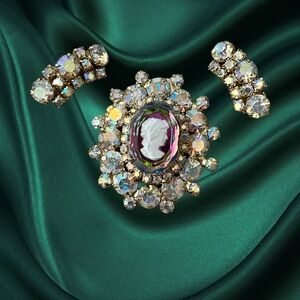 JULIANA Aurora Borealis Cameo Brooch and Earring Set
